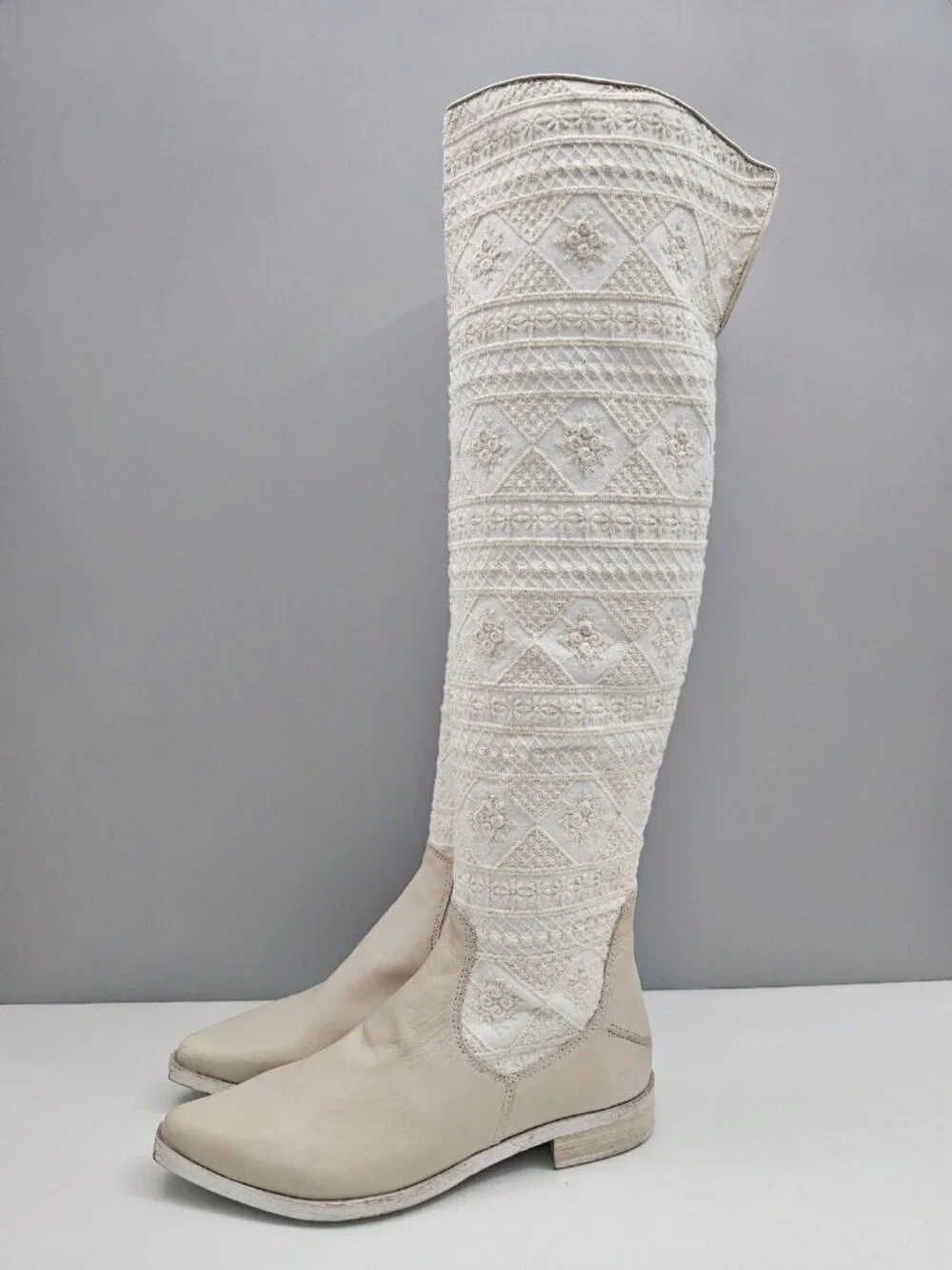 Free People Bren Knee High Boot Womens EU 37 Cream Embroidered Boho Slouchy
